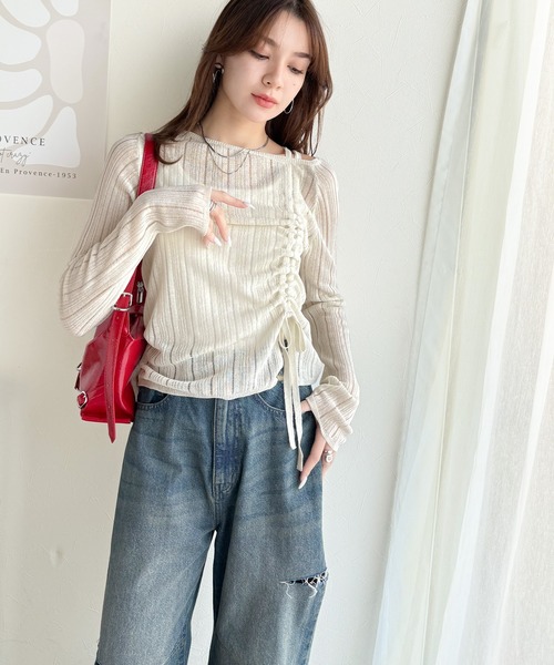 mily bilet(ミウィビレット)の「【mily bilet】可愛さ倍増!ドロストリボンシアー長袖オフショルリブニット(ニット/セーター・レディース・ピンク/チャコールグレー/アイボリー・MEDIUM/X-LARGE/SMALL/LARGE)」の5枚目の写真