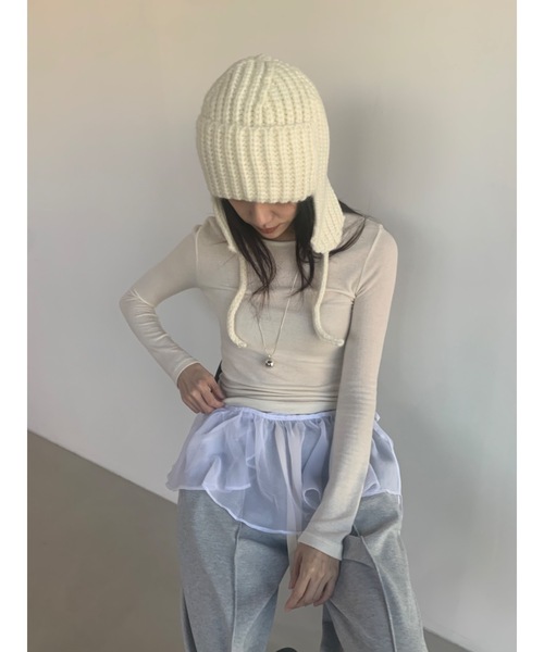 Didot.showroom（ディドット ショールーム）の「イヤーフラットビーニー02（ニットキャップ/ビーニー・レディース・グレー/アイボリー/ブラック・FREE）」の6枚目の写真