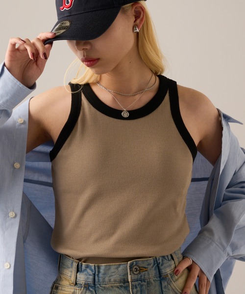 MAGASIN DE MODE Onjna(マガジンデモードオンジェナ )の「【MAGASIN DE MODE Onjna】Cut rib color scheme american sleeve tank / カットリブカップ付き配色アメスリタンクトップ DTK(タンクトップ・レディース・ブラック/オフホワイト/ベージュ/ブラウン・FREE)」の1枚目の写真