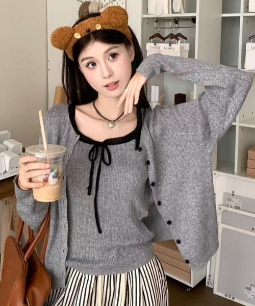 Stjerneborg ニットキャミソール セール】配色ニットカーディガン&キャミソールセット（ニット/セーター