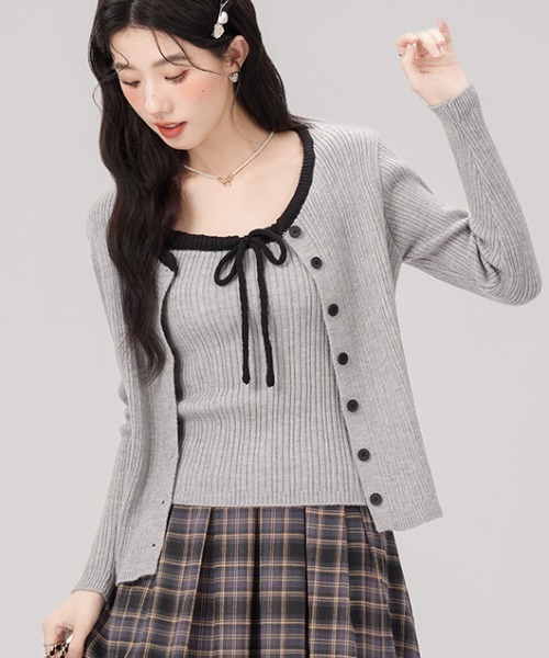 セール】配色ニットカーディガン&キャミソールセット（ニット/セーター