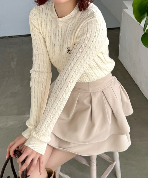 clear（クリア）の「クマ刺繍総ケーブルニットトップス[着回し力万能 ガーリー]（ニット/セーター・レディース・ピンク/ネイビー/イエロー/グレー/アイボリー・F）」の6枚目の写真