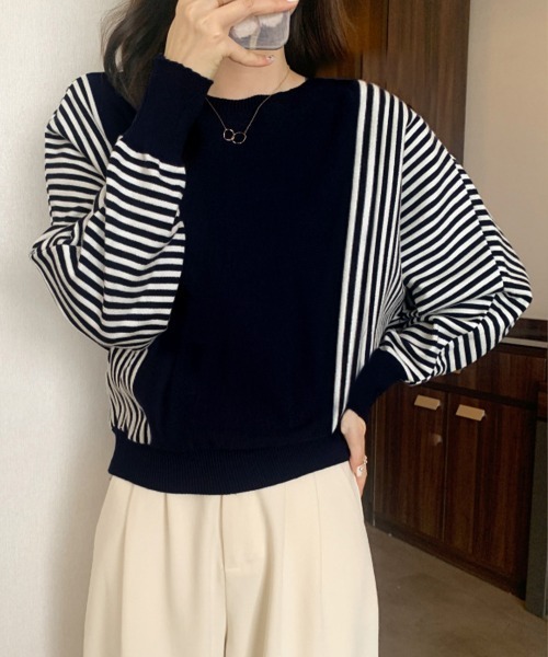 Miniministore(ミニミニストア)の「ストライプ配色ドルマンニット体型カバー春(ニット/セーター・レディース・ネイビー/ブラック/ベージュ/グレー・FREE)」の5枚目の写真