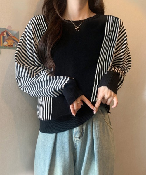 Miniministore(ミニミニストア)の「ストライプ配色ドルマンニット体型カバー春(ニット/セーター・レディース・ネイビー/ブラック/ベージュ/グレー・FREE)」の6枚目の写真