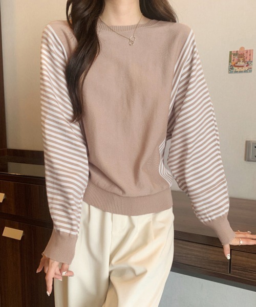 Miniministore(ミニミニストア)の「ストライプ配色ドルマンニット体型カバー春(ニット/セーター・レディース・ネイビー/ブラック/ベージュ/グレー・FREE)」の7枚目の写真