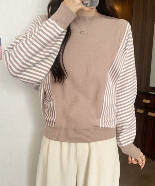 Miniministore(ミニミニストア)の「ストライプ配色ドルマンニット体型カバー春(ニット/セーター・レディース・ネイビー/ブラック/ベージュ/グレー・FREE)」の8枚目の写真