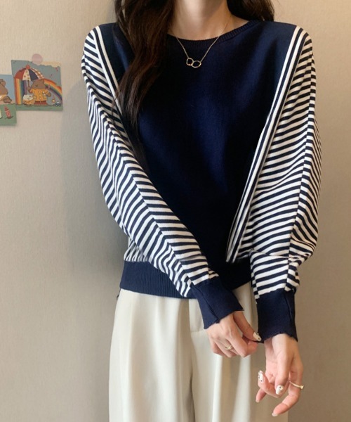 Miniministore(ミニミニストア)の「ストライプ配色ドルマンニット体型カバー春(ニット/セーター・レディース・ネイビー/ブラック/ベージュ/グレー・FREE)」の9枚目の写真