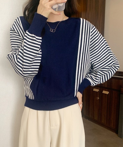 Miniministore(ミニミニストア)の「ストライプ配色ドルマンニット体型カバー春(ニット/セーター・レディース・ネイビー/ブラック/ベージュ/グレー・FREE)」の11枚目の写真