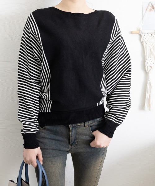 Miniministore(ミニミニストア)の「ストライプ配色ドルマンニット体型カバー春(ニット/セーター・レディース・ネイビー/ブラック/ベージュ/グレー・FREE)」の12枚目の写真