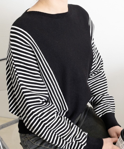Miniministore(ミニミニストア)の「ストライプ配色ドルマンニット体型カバー春(ニット/セーター・レディース・ネイビー/ブラック/ベージュ/グレー・FREE)」の13枚目の写真