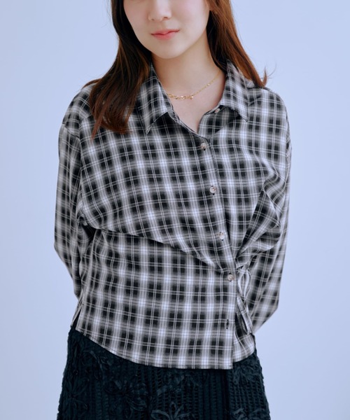 コヒナ cohina 2wayカシュクールチェックシャツ　ブラック 2wayカシュクールチェックシャツ 【低身長・小柄女性】（シャツ