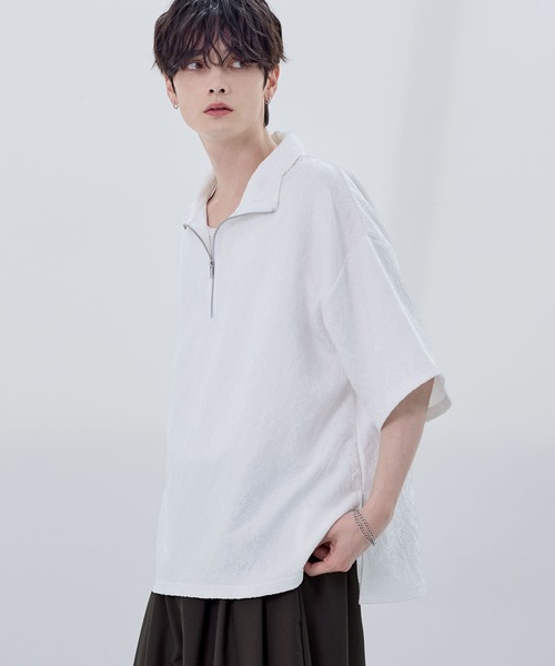 セール】ビッグシルエットハーフジップTシャツ 総柄ジャガード/綿100