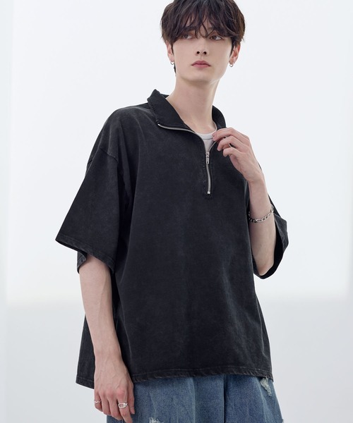 ASTRONOMY(アストロノミー)の「ビッグシルエットハーフジップTシャツ 総柄ジャガード/綿100天竺(Tシャツ/カットソー・メンズ・グレー/ブルーグレー/ワイン/ブラック/ブラック系/チャコール/ホワイト/ブラウン・S/M/L/XL)」の3枚目の写真