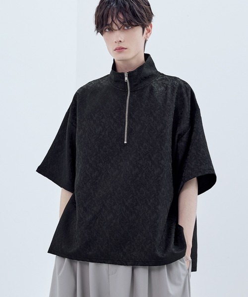 AURALLE  ハーフジップTシャツ セール】ビッグシルエットハーフジップTシャツ 総柄ジャガード