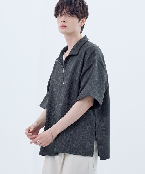 ASTRONOMY(アストロノミー)の「ビッグシルエットハーフジップTシャツ 総柄ジャガード/綿100天竺(Tシャツ/カットソー・メンズ・グレー/ブルーグレー/ワイン/ブラック/ブラック系/チャコール/ホワイト/ブラウン・S/M/L/XL)」の10枚目の写真