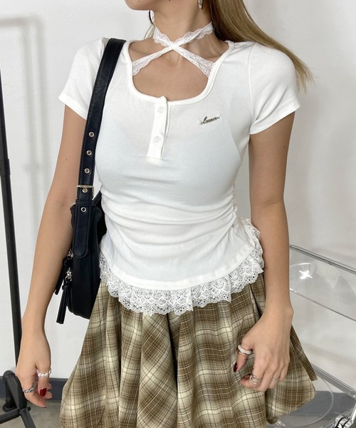 non-hedge(ノンヘッジ)の「シルバーロゴレース切替ヘンリーTシャツ(Tシャツ/カットソー・レディース・ブラック/グレー/オフホワイト・FREE)」の11枚目の写真