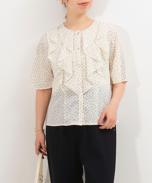 MICO COULIER（ミコクリエ）の「ジョーゼットフリルブラウス（シャツ/ブラウス・レディース・ホワイト系その他5/ネイビー/ライトグレー・38）」の2枚目の写真