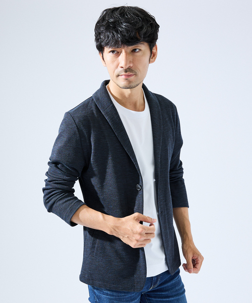 ABAHOUSE GRAY(アバハウスグレイ)の「【サマーニット】バーズアイ ショールカラー ジャケット / ニットジャケット(ブルゾン・メンズ・ネイビー/ライトグレー/ブルー・46/50/48)」の2枚目の写真