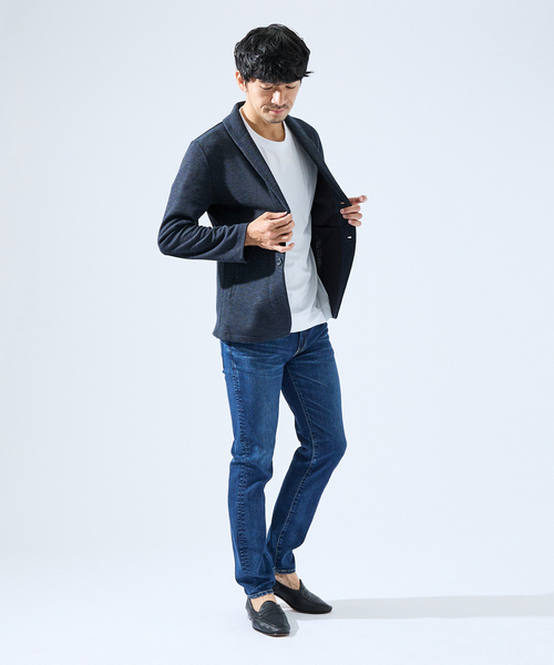 ABAHOUSE GRAY(アバハウスグレイ)の「【サマーニット】バーズアイ ショールカラー ジャケット / ニットジャケット(ブルゾン・メンズ・ネイビー/ライトグレー/ブルー・46/50/48)」の8枚目の写真