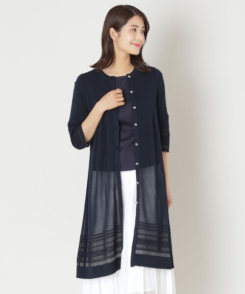 TO BE CHIC(トゥー ビー シック)の「透かし編み ロングカーディガン(カーディガン/ボレロ・レディース・ダークネイビー/オフホワイト・40/42)」の2枚目の写真