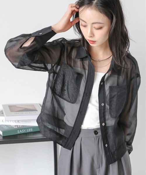 Lajour(ラジュール)の「日本製 ショート丈 シアーシャツ(シャツ/ブラウス・レディース・ブラック/ホワイト・フリー)」の2枚目の写真