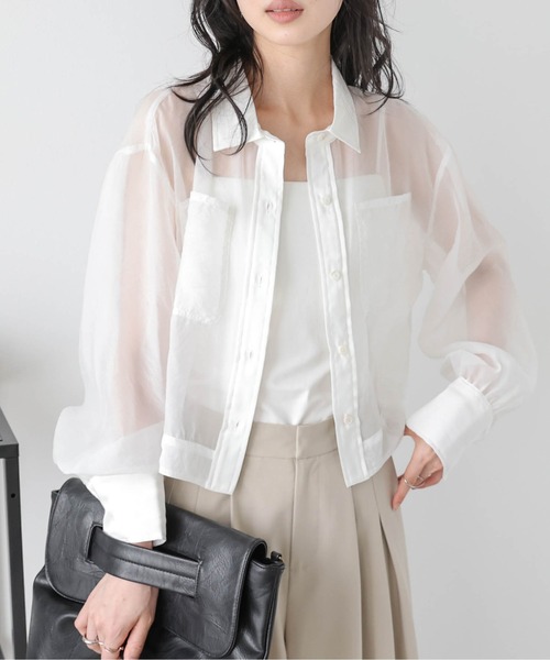 Lajour(ラジュール)の「日本製 ショート丈 シアーシャツ(シャツ/ブラウス・レディース・ブラック/ホワイト・フリー)」の3枚目の写真