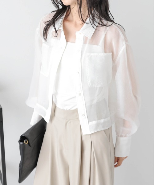Lajour(ラジュール)の「日本製 ショート丈 シアーシャツ(シャツ/ブラウス・レディース・ブラック/ホワイト・フリー)」の5枚目の写真