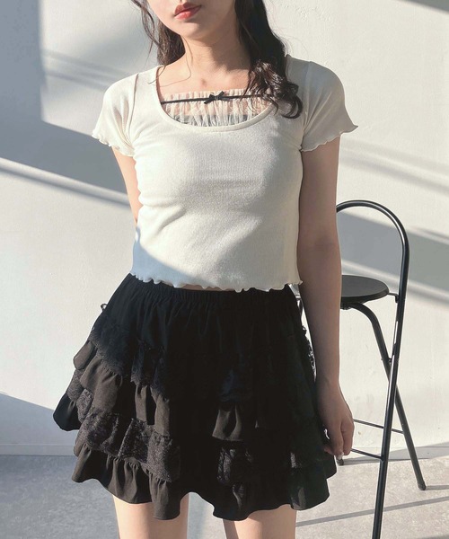 AS KNOW AS plus(アズノゥアズプラス)の「●テレコチュールリボンショート丈Tシャツ(Tシャツ/カットソー・レディース・アイボリー/ブラック/アイボリー系・FREE)」の2枚目の写真