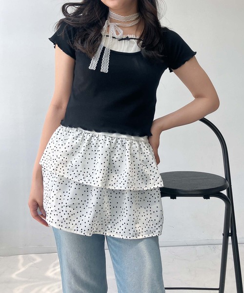 AS KNOW AS plus(アズノゥアズプラス)の「●テレコチュールリボンショート丈Tシャツ(Tシャツ/カットソー・レディース・アイボリー/ブラック/アイボリー系・FREE)」の7枚目の写真