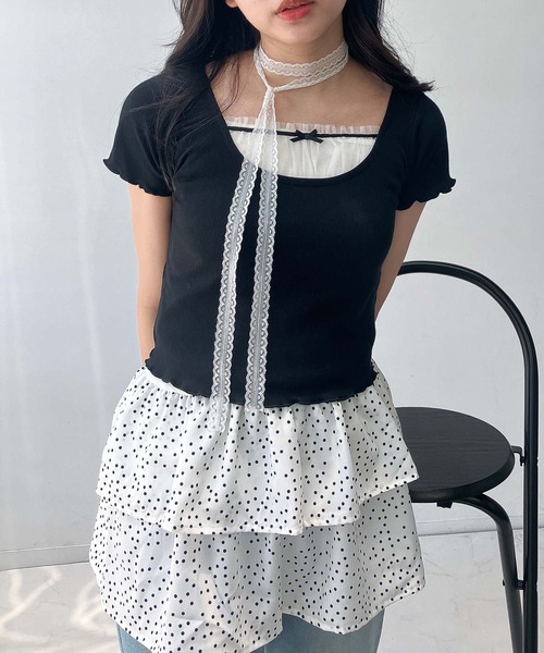 AS KNOW AS plus(アズノゥアズプラス)の「●テレコチュールリボンショート丈Tシャツ(Tシャツ/カットソー・レディース・アイボリー/ブラック/アイボリー系・FREE)」の8枚目の写真