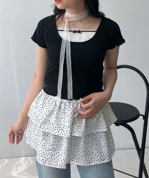 AS KNOW AS plus(アズノゥアズプラス)の「●テレコチュールリボンショート丈Tシャツ(Tシャツ/カットソー・レディース・アイボリー/ブラック/アイボリー系・FREE)」の10枚目の写真