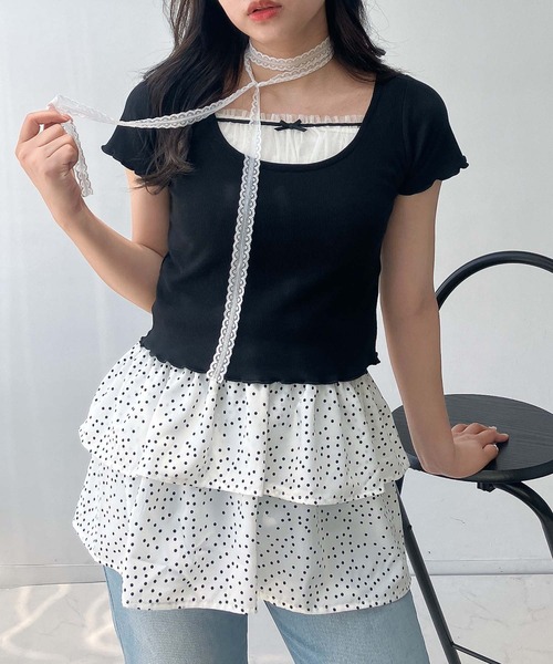 AS KNOW AS plus(アズノゥアズプラス)の「●テレコチュールリボンショート丈Tシャツ(Tシャツ/カットソー・レディース・アイボリー/ブラック/アイボリー系・FREE)」の11枚目の写真