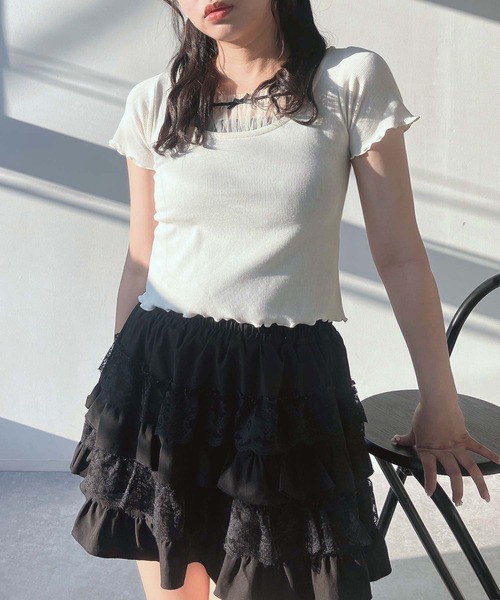 AS KNOW AS plus(アズノゥアズプラス)の「●テレコチュールリボンショート丈Tシャツ(Tシャツ/カットソー・レディース・アイボリー/ブラック/アイボリー系・FREE)」の12枚目の写真
