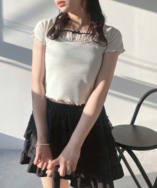 AS KNOW AS plus(アズノゥアズプラス)の「●テレコチュールリボンショート丈Tシャツ(Tシャツ/カットソー・レディース・アイボリー/ブラック/アイボリー系・FREE)」の13枚目の写真