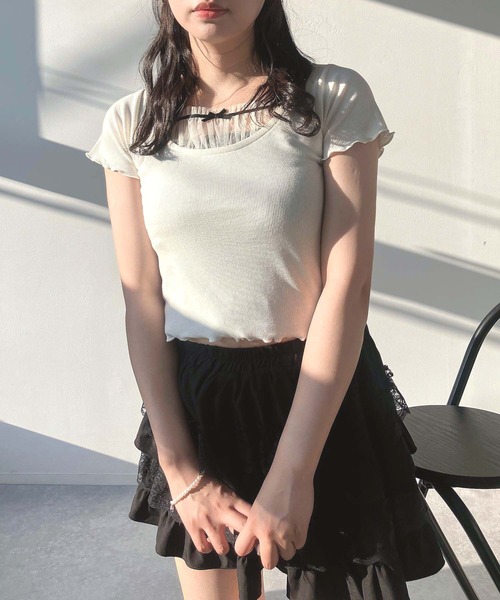 AS KNOW AS plus(アズノゥアズプラス)の「●テレコチュールリボンショート丈Tシャツ(Tシャツ/カットソー・レディース・アイボリー/ブラック/アイボリー系・FREE)」の14枚目の写真