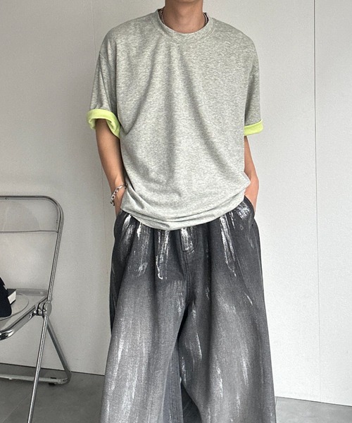 CREARE -LINO-（クレアーレリノ）の「ダメージ加工バイカラーTシャツ（Tシャツ/カットソー・メンズ・グレー/ベージュ/ブラック/イエロー・LARGE/MEDIUM）」の6枚目の写真