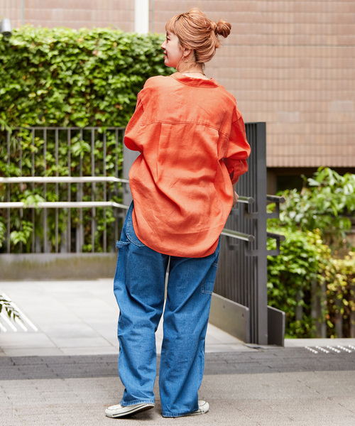 【boohoo】ボックス リネン風 カラー シャツ 2色 デザイン】 COFREX 配色ボウタイ付き 七分袖 レディースシャツ(S