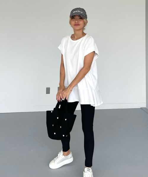 CHERI 裾フリル　タック　フレンチスリーブ　Aライン　カットソー セール】裾フリルフレンチスリーブT（Tシャツ/カットソー
