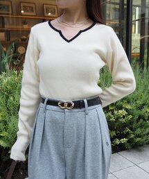 Thevon | バイカラーキーネックリブニット(ニット/セーター)