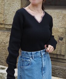 Thevon | バイカラーキーネックリブニット(ニット/セーター)