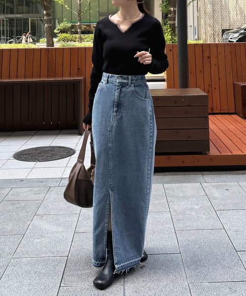 Thevon(ゼボン)の「バイカラーキーネックリブニット(ニット/セーター・レディース・アイボリー/ブラック/グレー/グリーン・FREE)」の18枚目の写真