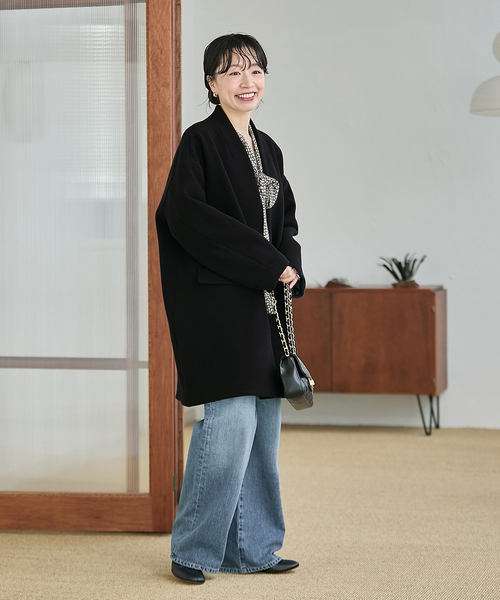 journal standard L'essage（ジャーナルスタンダードレサージュ）の「《追加》SUPER140S/GIOLICA コクーンコート（ノーカラーコート・レディース・ブラック/ブラック系その他/ブラウン・38/36）」の7枚目の写真