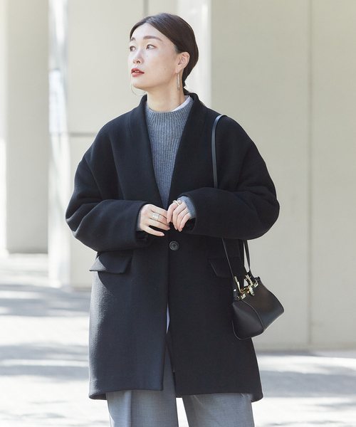 journal standard L'essage（ジャーナルスタンダードレサージュ）の「《追加》SUPER140S/GIOLICA コクーンコート（ノーカラーコート・レディース・ブラック/ブラック系その他/ブラウン・38/36）」の18枚目の写真