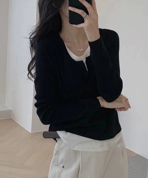 cammie(キャミー)の「キーネックレイヤードトップス(Tシャツ/カットソー・レディース・ダークグレー/ライトグレー/ブラック・M/L)」の7枚目の写真