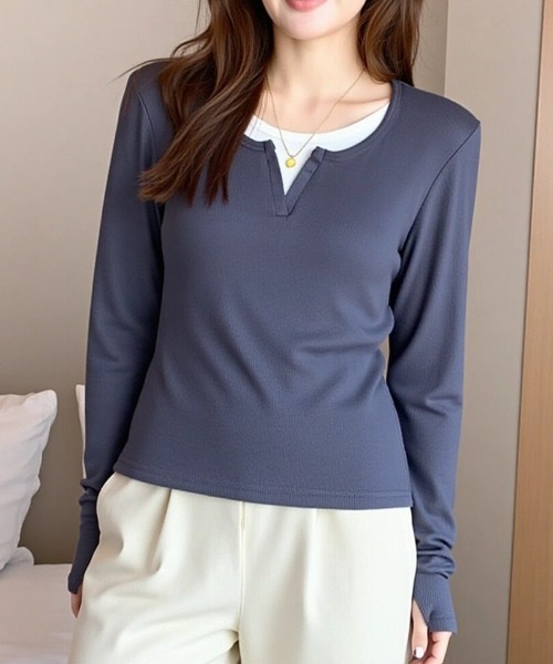 cammie(キャミー)の「キーネックレイヤードトップス(Tシャツ/カットソー・レディース・ダークグレー/ライトグレー/ブラック・M/L)」の14枚目の写真