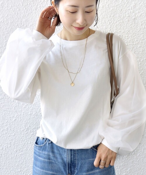 SHIPS（シップス）の「【WEB限定】〈手洗い可能〉シアー コンビ 裾 ドロスト プルオーバー（Tシャツ/カットソー・レディース・ブラウン/オフホワイト/ブラック/ライトブルー・ONE SIZE）」の2枚目の写真