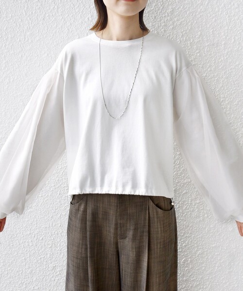 SHIPS（シップス）の「【WEB限定】〈手洗い可能〉シアー コンビ 裾 ドロスト プルオーバー（Tシャツ/カットソー・レディース・ブラウン/オフホワイト/ブラック/ライトブルー・ONE SIZE）」の8枚目の写真