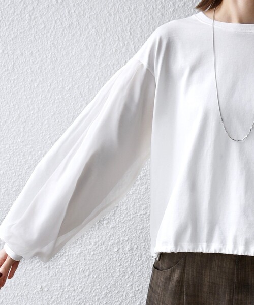 SHIPS（シップス）の「【WEB限定】〈手洗い可能〉シアー コンビ 裾 ドロスト プルオーバー（Tシャツ/カットソー・レディース・ブラウン/オフホワイト/ブラック/ライトブルー・ONE SIZE）」の5枚目の写真