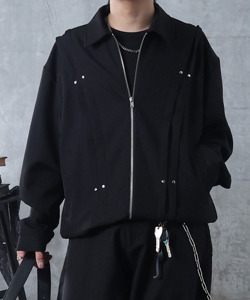 Confirm(コンファーム)の「プリーツ リベット ショート ダブルジップブルゾン ユニセックス(ブルゾン・メンズ・ブラック/グレー・M/L)」の2枚目の写真