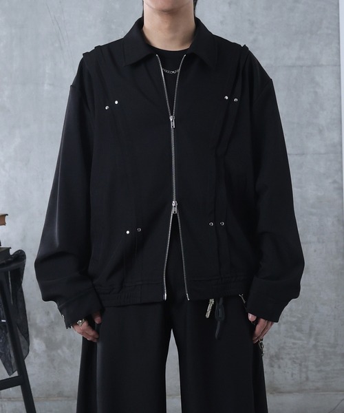 Confirm(コンファーム)の「プリーツ リベット ショート ダブルジップブルゾン ユニセックス(ブルゾン・メンズ・ブラック/グレー・M/L)」の5枚目の写真